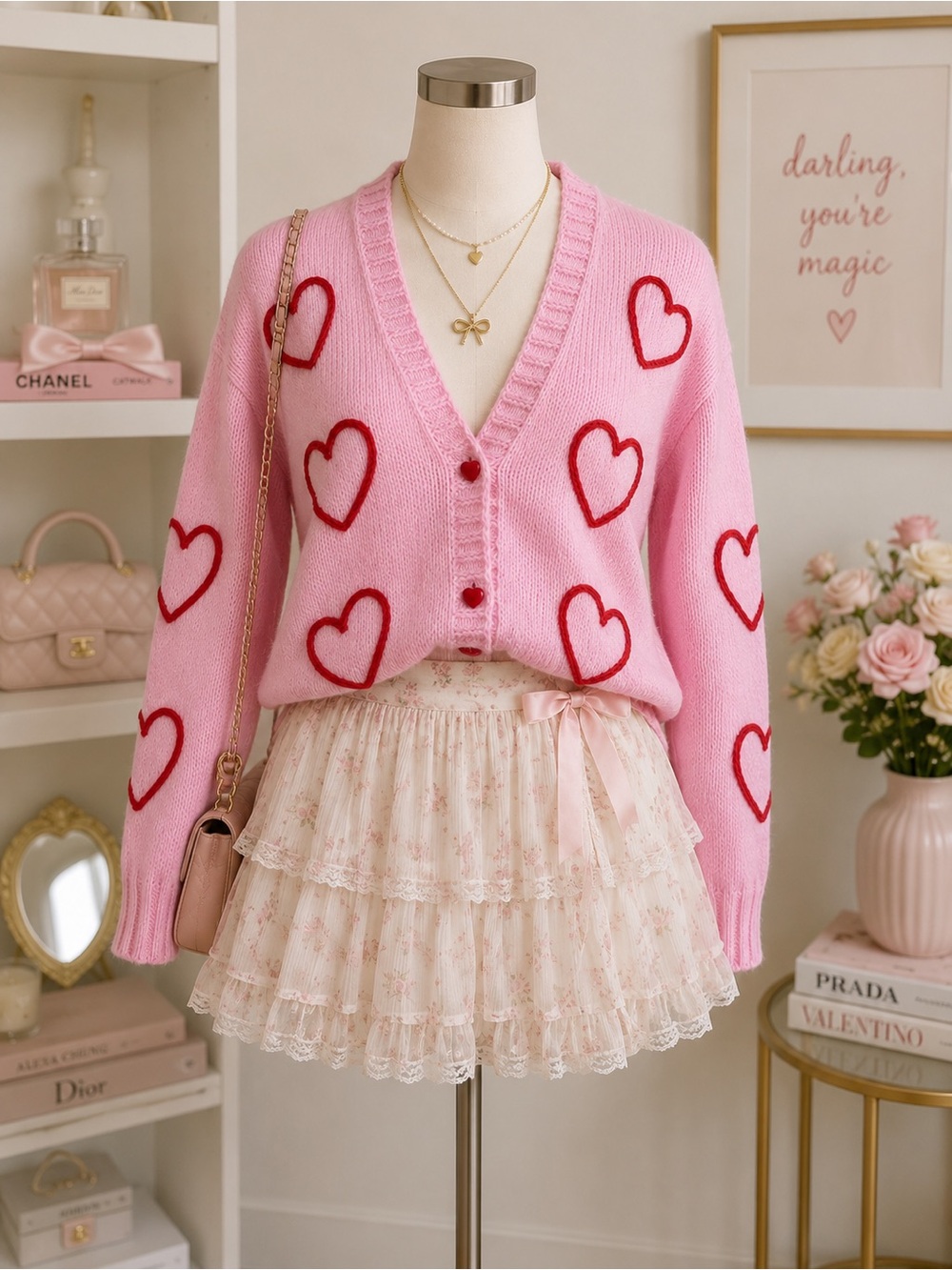 💕 Forever & Ever Pink Heart Cardigan Coquette Cottagecore Knit Sweater S